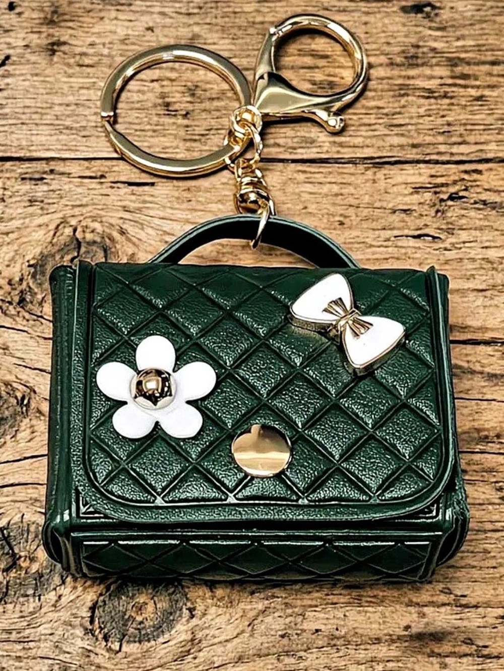 Quilted Mini Bag in Green & White keychain